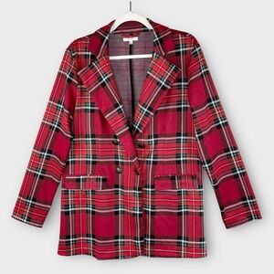 Maurices Tartan Long Plaid Blazer S Red Black Longline Office Career Holiday